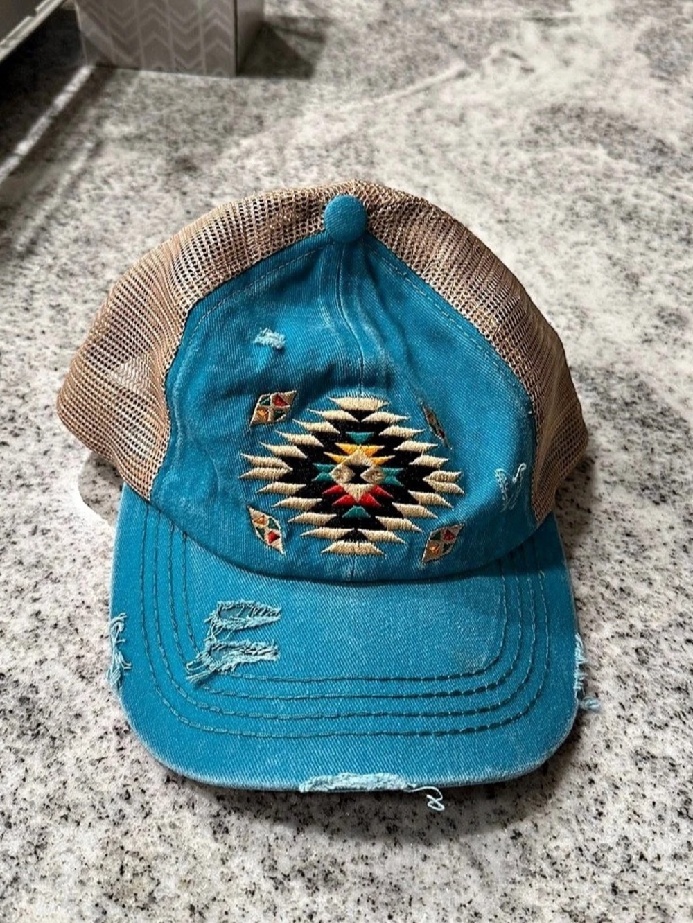 C.C Aztec Patch Distressed Pony Cap teal blue